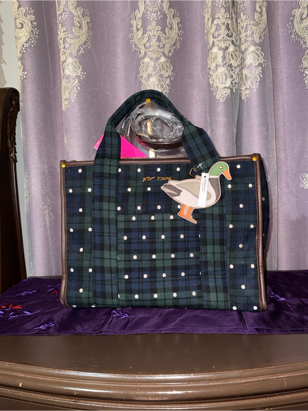 NWT Betsey Johnson Plaid Polka Dot Duck Tote Bag